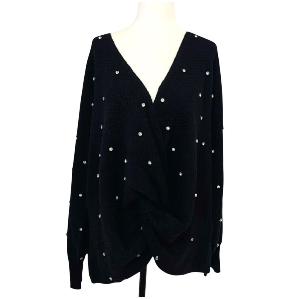 INC Diamond Embellished Twist-Front Black Sweater V-Neck Pullover 2X - Picture 3 of 9